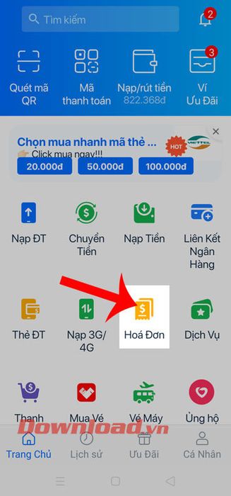 Bấm vào mục Hóa đơn