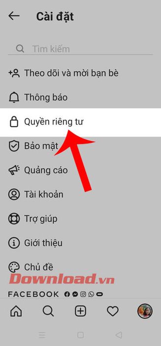 Chọn mục Quyền riêng tư