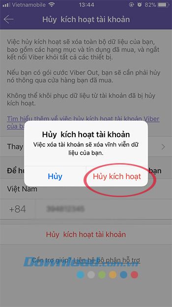 Xác nhận việc tắt tài khoản Viber