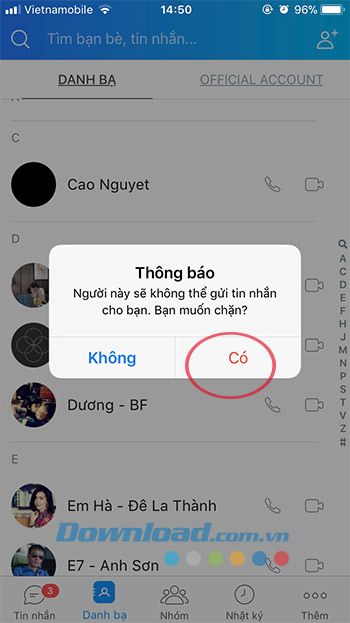 Xác nhận việc chặn bạn bè trên Zalo