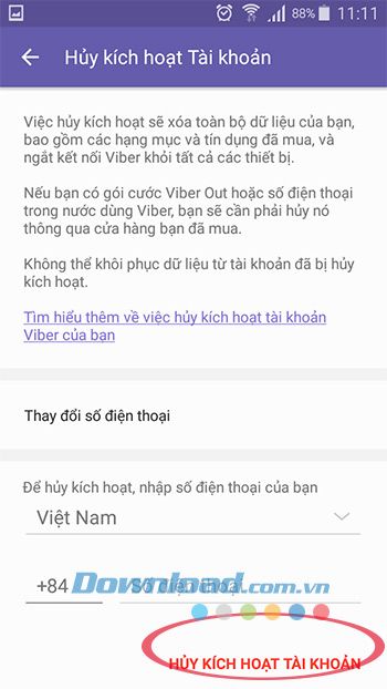 Nhập số điện thoại để hủy kích hoạt Viber