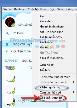 Chọn xóa trong danh bạ