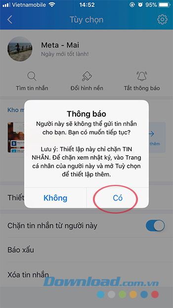 Xác nhận chặn tin nhắn trên Zalo