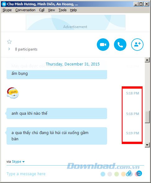 Khung chat của Skype có hiển thị thời gian