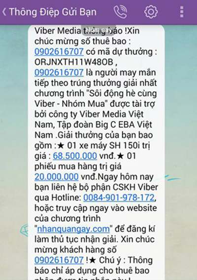 Sự lan truyền của các vụ lừa đảo trúng thưởng và thu phí trên Viber