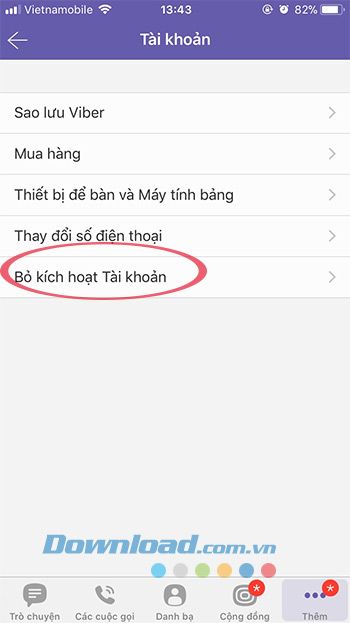 Tắt tài khoản Viber