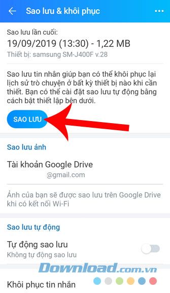 Sao lưu dữ liệu từ Zalo