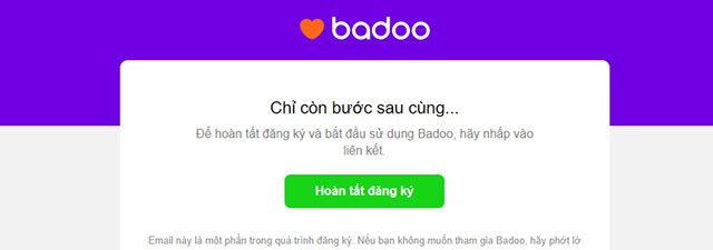 Email xác nhận cho việc đăng ký tài khoản Badoo