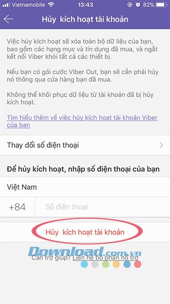 Nhập số điện thoại để tắt tài khoản Viber