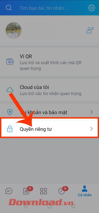 Chọn mục Quyền riêng tư