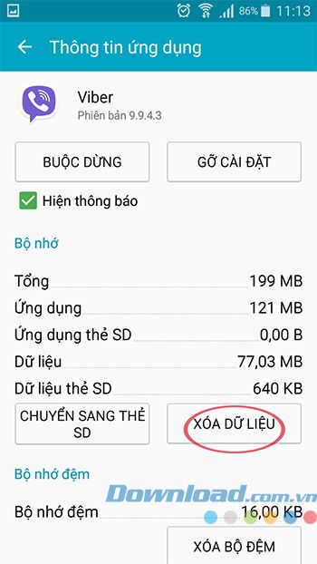 Xóa dữ liệu của Viber