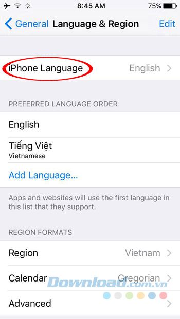 Thay đổi ngôn ngữ trên iPhone