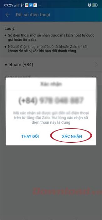 Xác nhận thay đổi số điện thoại