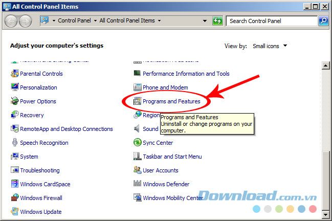 chọn vào Programs and Features