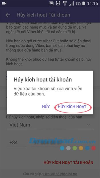 Xác nhận hành động hủy kích hoạt Viber