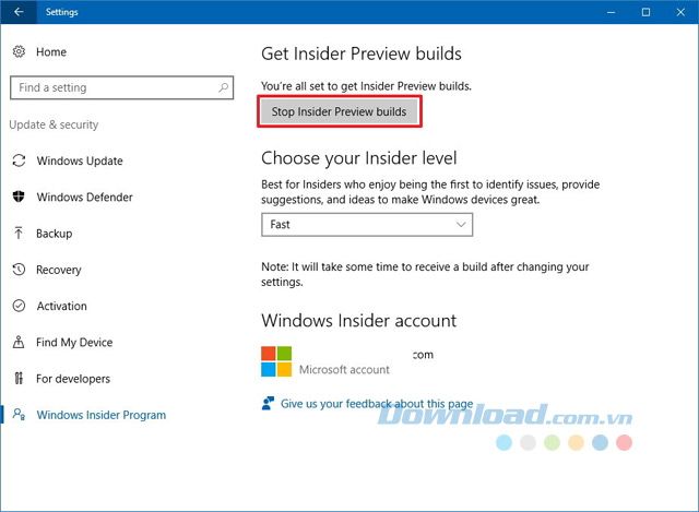 Nhấp vào nút Dừng Insider Preview builds