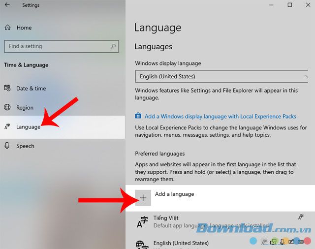 Nhấp vào mục Ngôn ngữ, sau đó nhấp vào dấu cộng ở mục Thêm ngôn ngữ