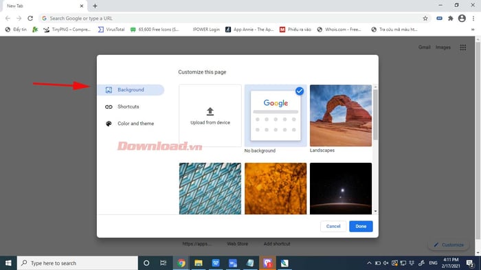 Chọn Nền trên Chrome