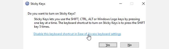 Cửa sổ thông báo Sticky Keys