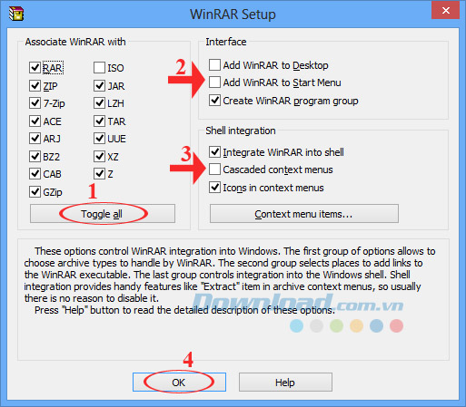 Lựa chọn định dạng cài đặt cho WinRAR