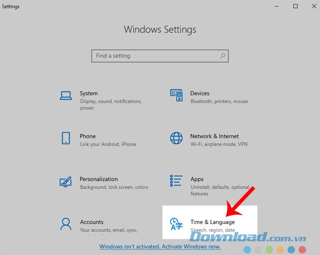 Nhấp chuột vào mục Thời gian & Ngôn ngữ