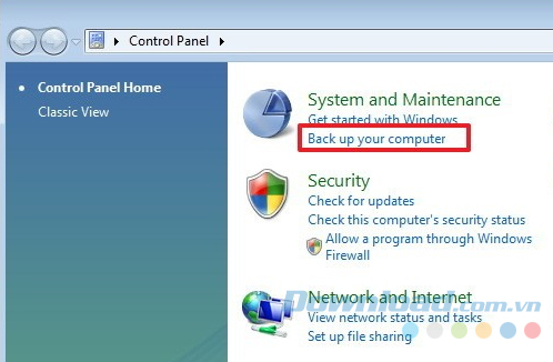 Nhấp vào Backup your computer