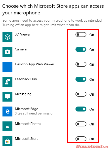Chọn những ứng dụng từ Microsoft Store có thể truy cập microphone của bạn.