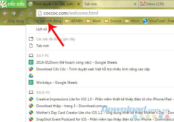 Mở lại các tab đã đóng trên Cốc Cốc