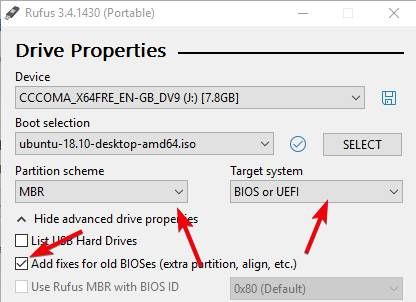 Chọn MBR từ menu Partition Scheme và BIOS hoặc UEFI từ menu Target System