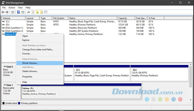 Chọn Shrink Volume
