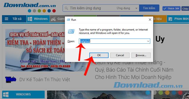 Nhập lệnh 'netplwiz'