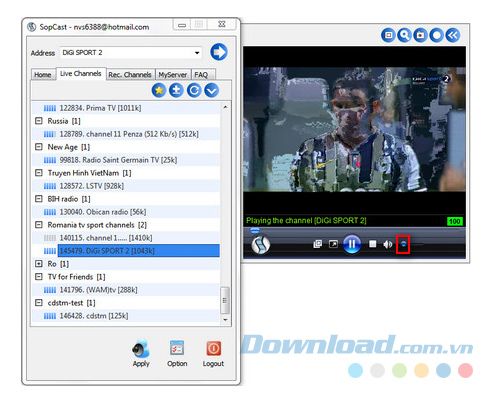 Khởi động SopCast và bật chế độ Tắt tiếng