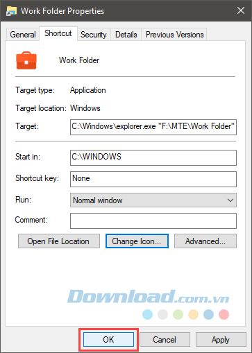Click vào OK trong cửa sổ Thuộc Tính Thư Mục Làm Việc