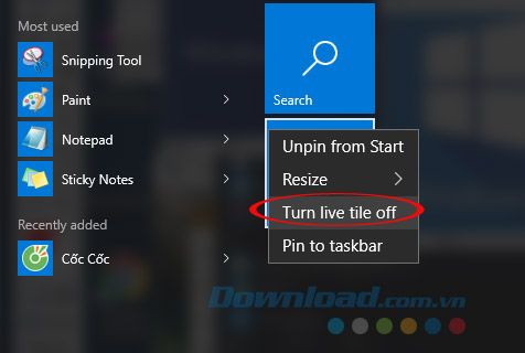 Tắt Live Tile