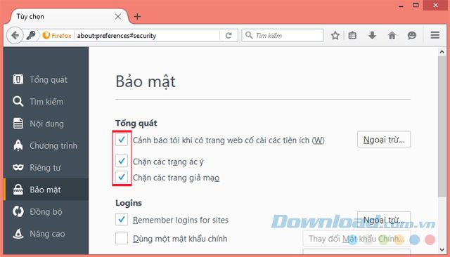 Lựa chọn bảo mật trình duyệt Firefox