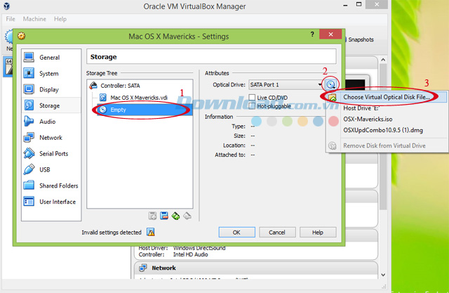 Thêm file iso của Mac OS X Mavericks vào VirtualBox