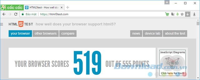 Kiểm tra Cốc Cốc qua HTML5Test