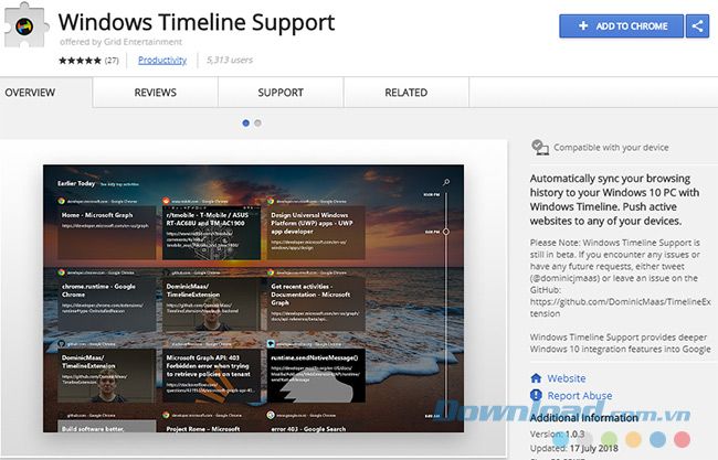 Thêm tiện ích mở rộng Hỗ trợ Timeline của Windows vào Chrome