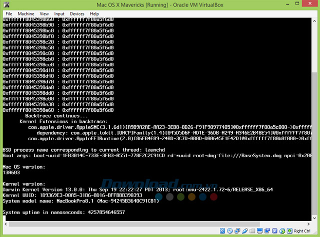 VirtualBox đã hoàn thành việc cài đặt Mac OS X Mavericks 10.9