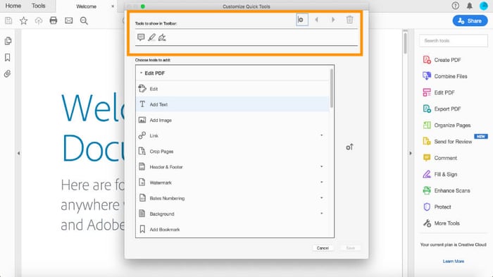 Sắp xếp lại các công cụ trong Adobe Acrobat Pro DC