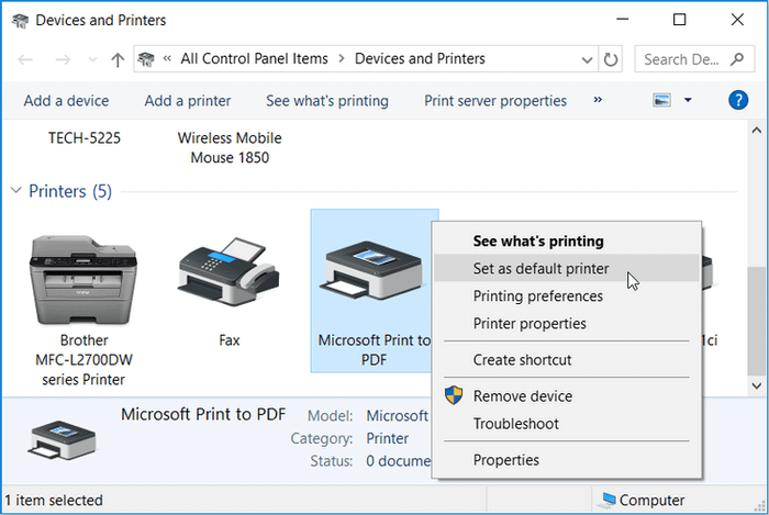 Thiết lập Microsoft Print to PDF là máy in mặc định