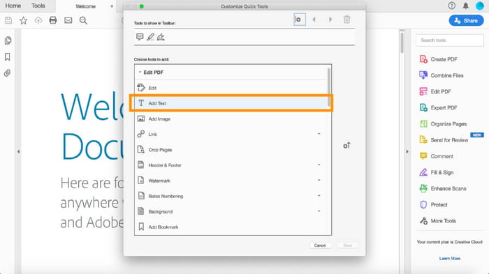 Thêm Thêm Văn bản vào thanh công cụ trong Adobe Acrobat Pro DC