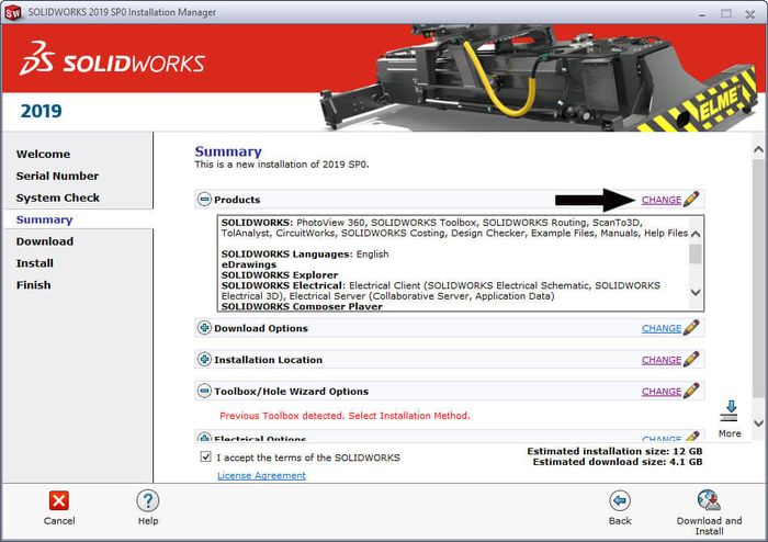 Lựa chọn sản phẩm cài đặt của SolidWorks