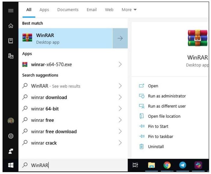 Cách tìm WinRAR trên Windows 10