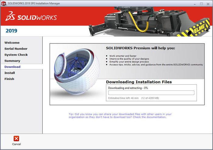 Quá trình cài đặt SolidWorks đã bắt đầu