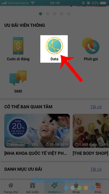 Chọn biểu tượng Data