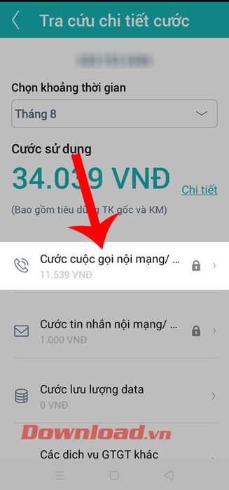 Chọn mục Cước cuộc gọi nội mạng/ngoại mạng