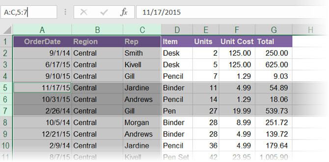 Chọn cột & hàng trong Excel qua Name Box