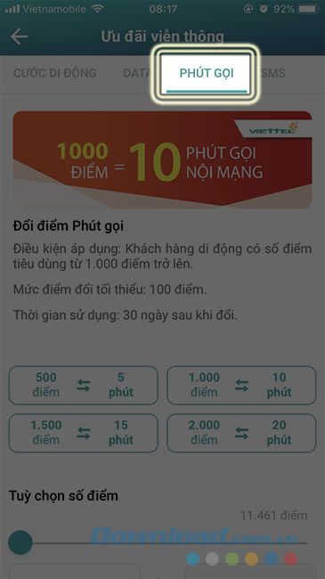 Chọn mục Phút gọi 