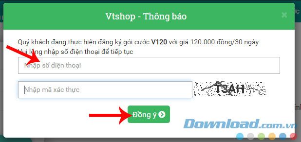 Nhập số điện thoại và mã xác thực